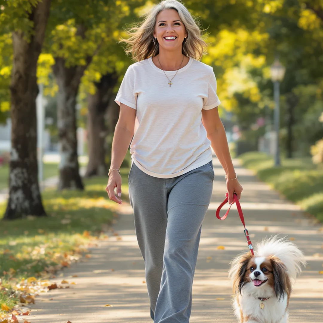 Smiling woman walking dog in park, representing energy, joy, and freedom from shame through faith-based weight loss