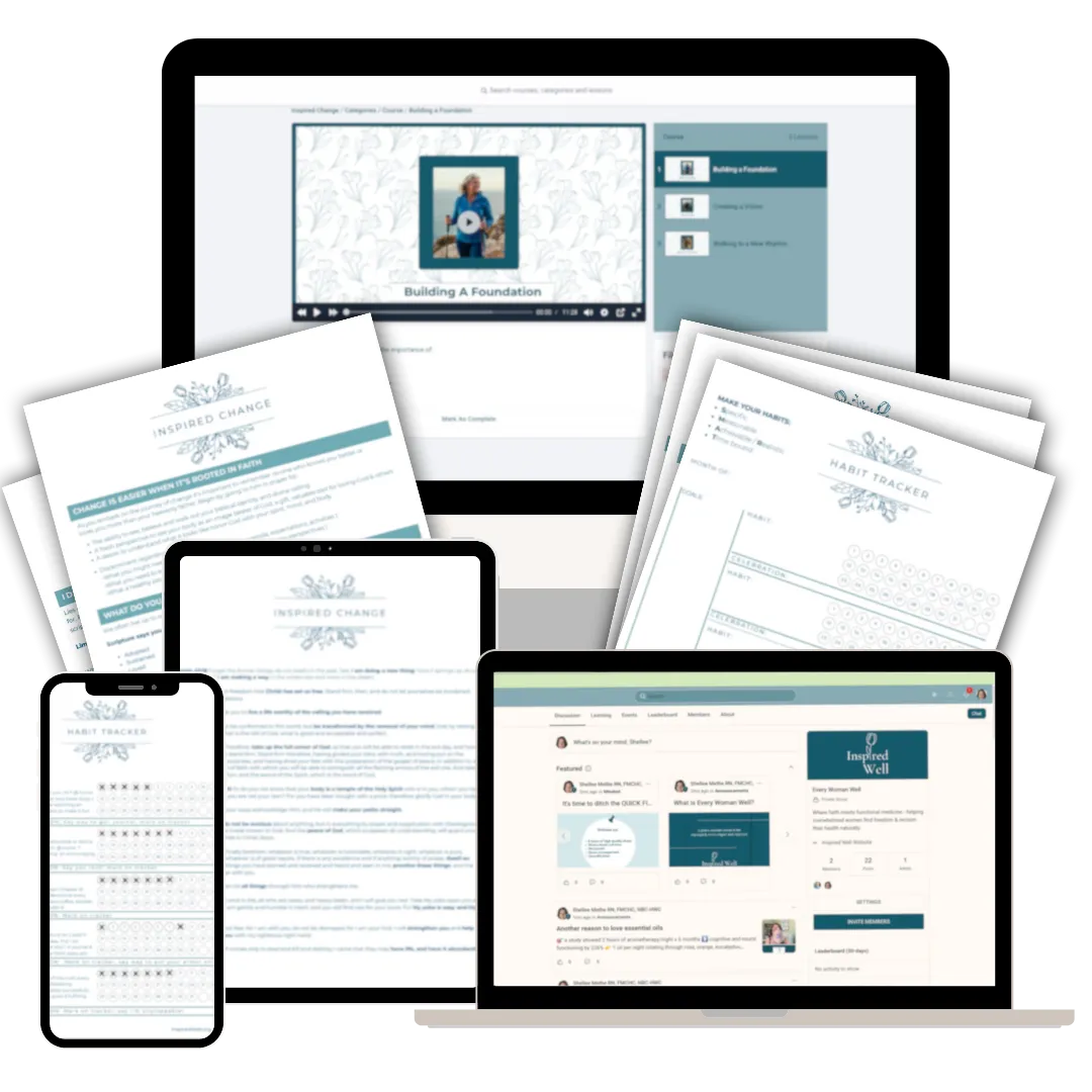 Inspired Change course mockup with video lessons, worksheets, habit tracker, and faith-based wellness community platform