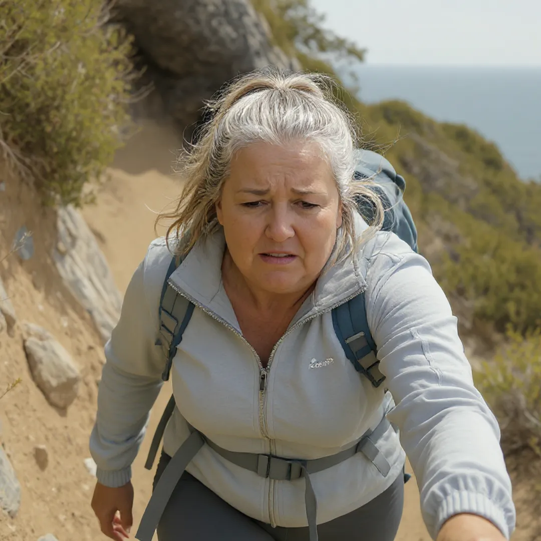 Determined woman climbing steep trail, showing struggle, exhaustion, and the frustration of repeated weight loss failures