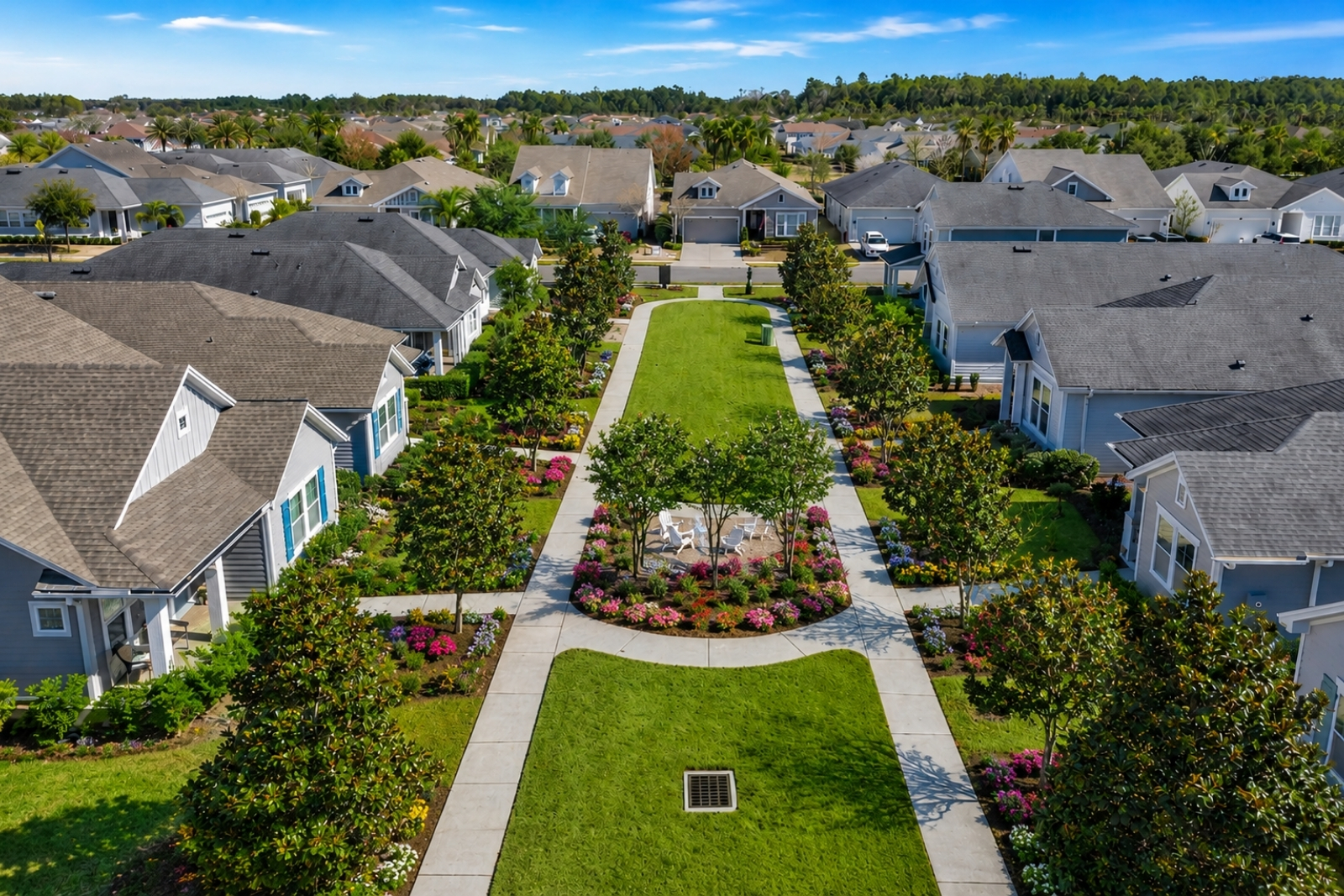 Aerial view of Daniel Park homes and landscaped green space in Nocatee