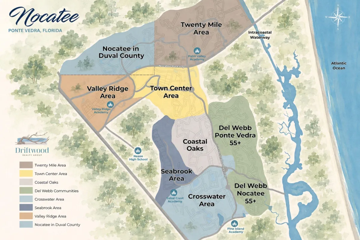Map of the Nocatee community in Ponte Vedra, Florida showing Twenty Mile, Town Center, Valley Ridge, Coastal Oaks, Seabrook, Crosswater, Del Webb communities, the Duval County portion of Nocatee, schools and the Intracoastal Waterway.