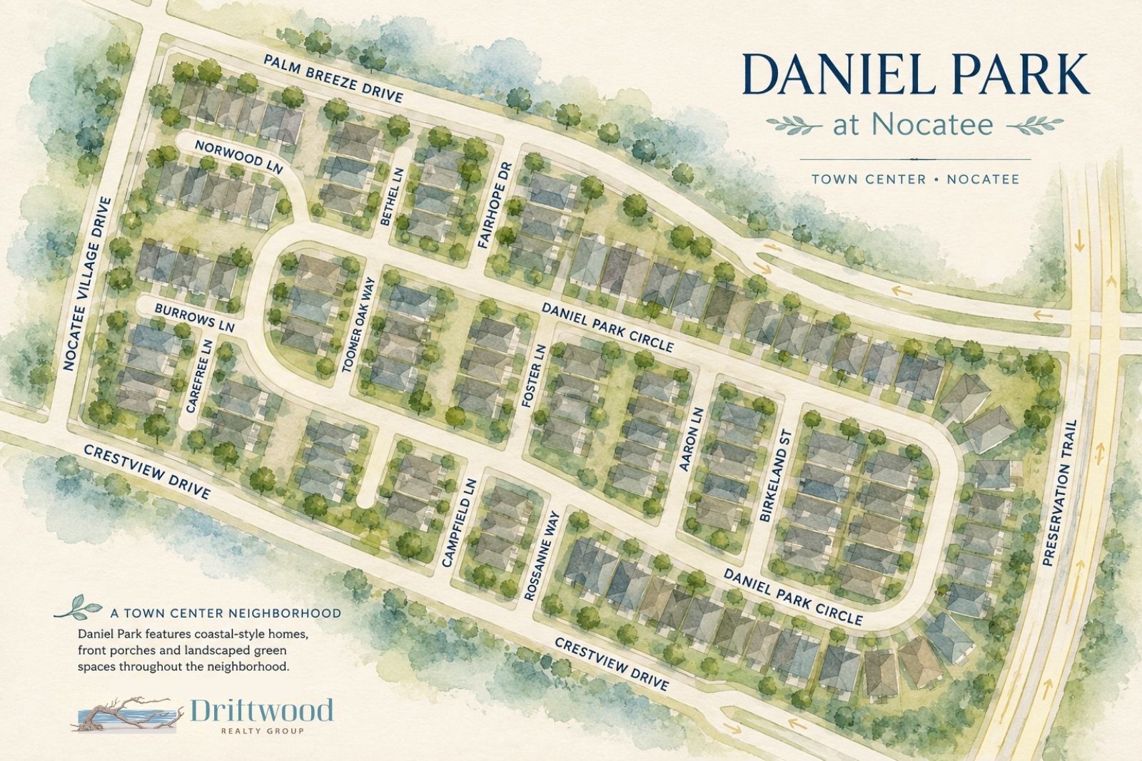 Illustrated neighborhood map of Daniel Park in Nocatee Town Center showing streets, homes and surrounding roads