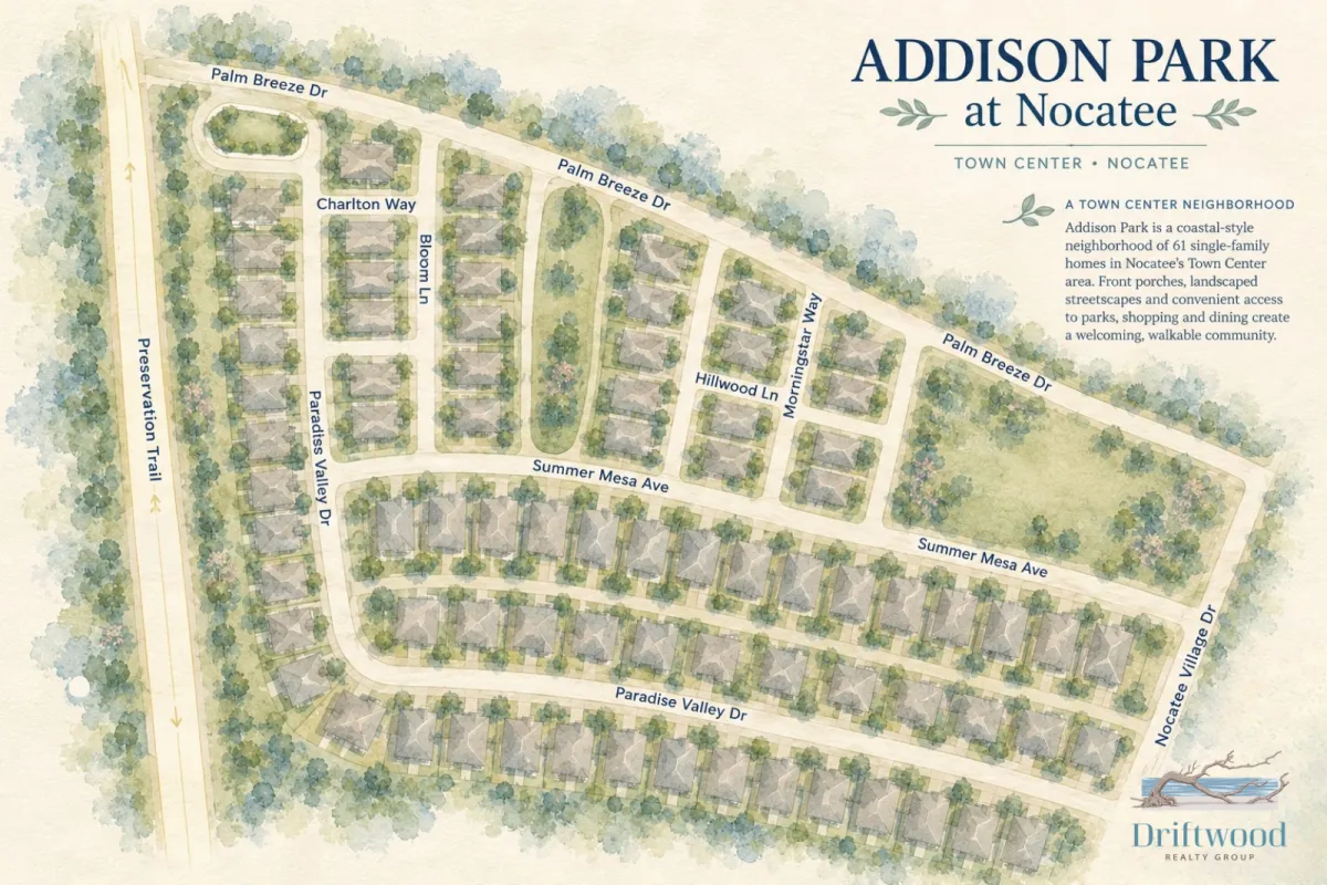 Aerial view of Addison Park homes and neighborhood park in Nocatee