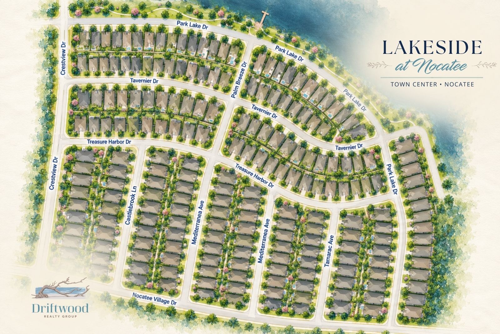 Illustrated neighborhood map of Lakeside at Nocatee showing streets, homes and surrounding Town Center roads