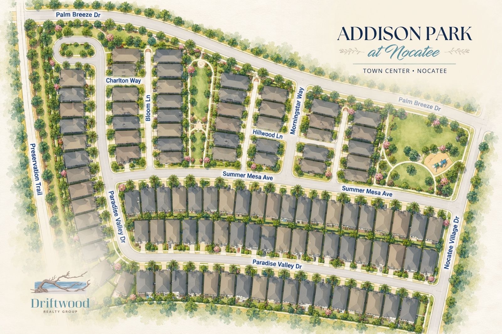 Illustrated neighborhood map of Addison Park at Nocatee in Ponte Vedra, Florida
