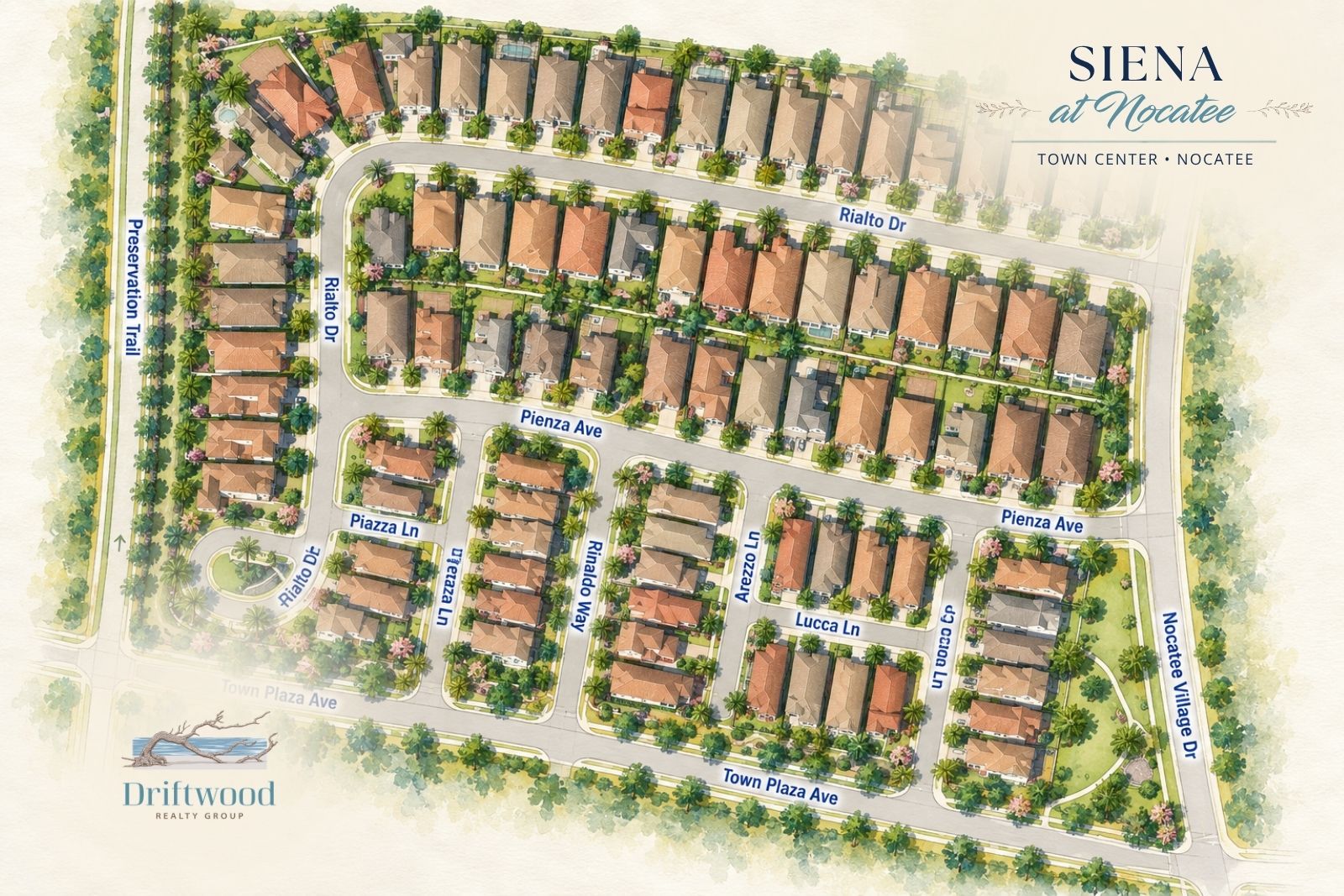 Illustrated neighborhood map of Siena at Nocatee showing streets, homes and surrounding Town Center roads