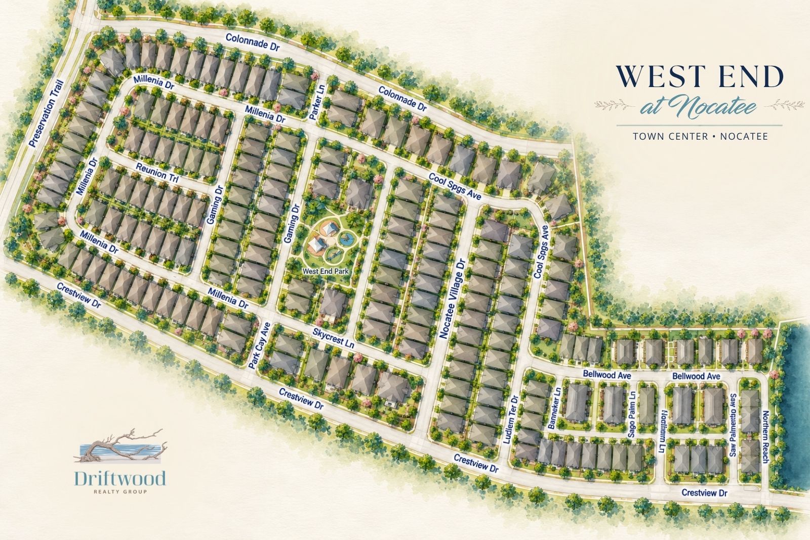 Illustrated neighborhood map of West End at Nocatee showing streets, homes and surrounding Town Center roads