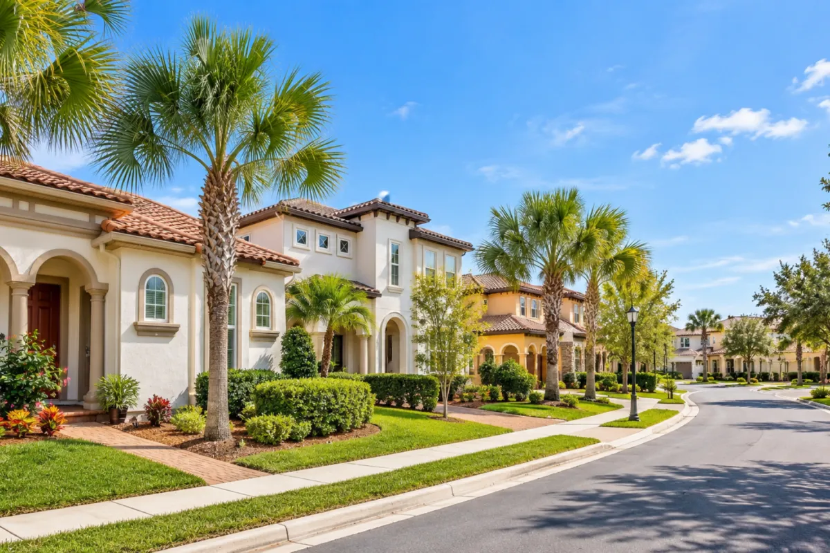 Streetscape of Mediterranean-style homes with tile roofs in Siena at Nocatee