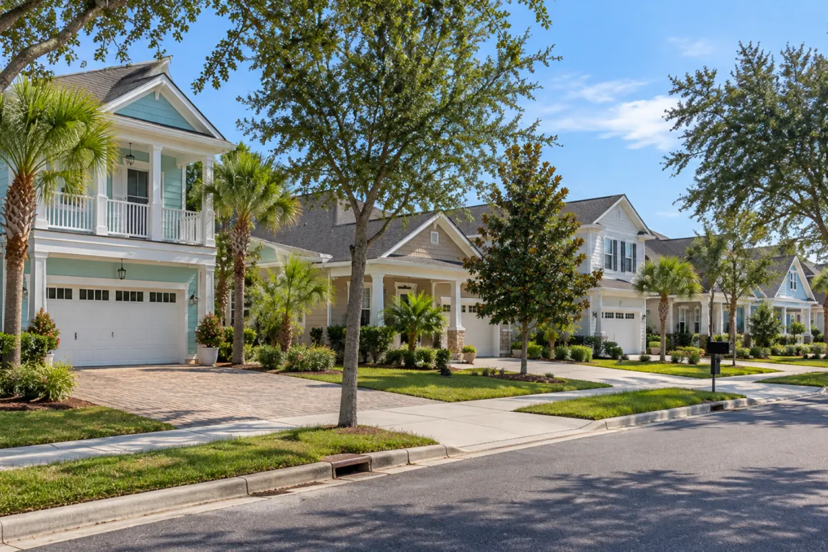 Key West-inspired homes and streetscape in Lakeside at Nocatee Town Center