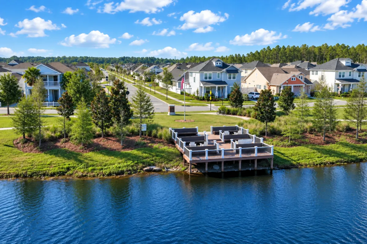 Aerial view of Lakeside at Nocatee showing homes, lakefront park and community dock