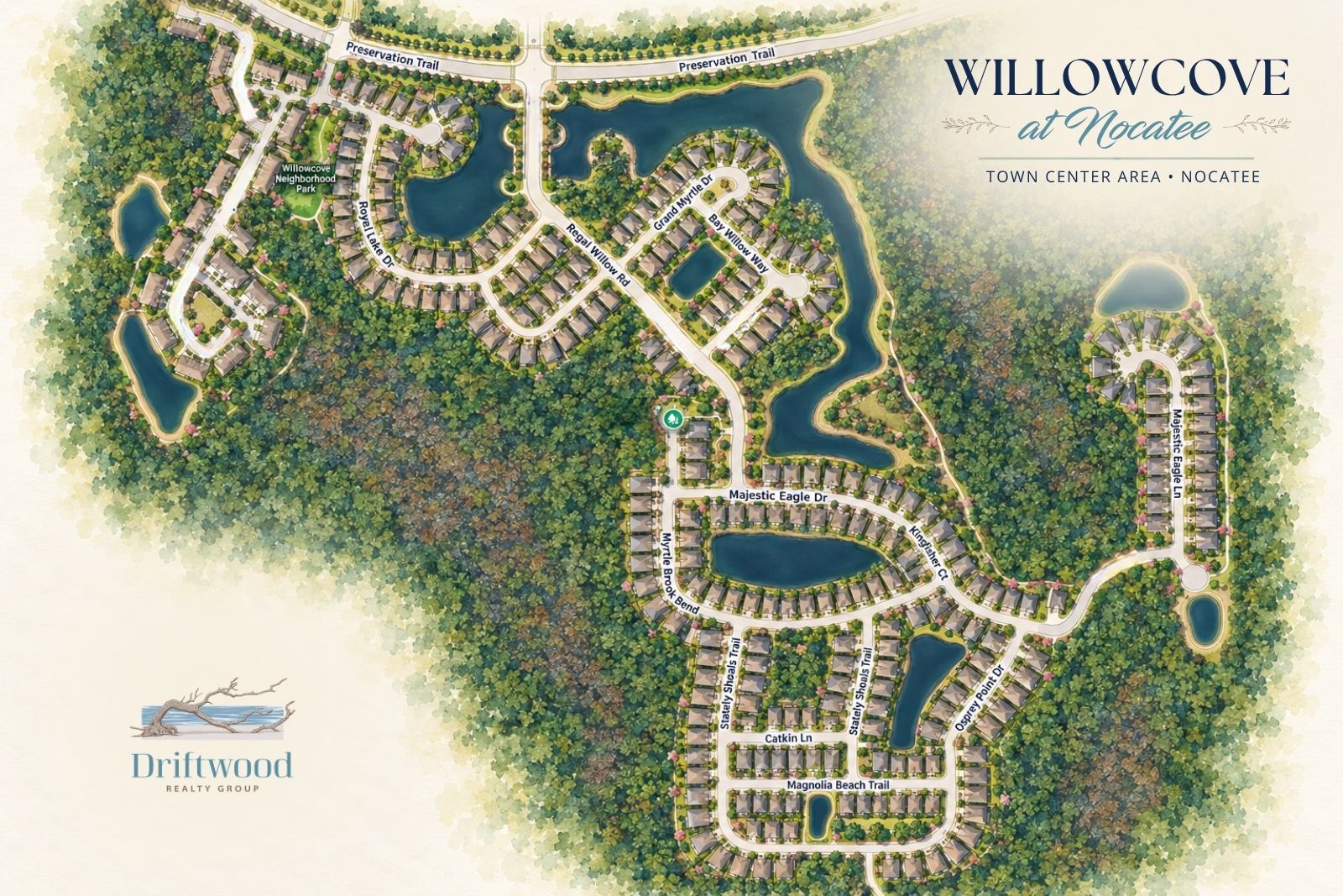 Illustrated neighborhood map of Willowcove at Nocatee showing streets, homes and surrounding roads
