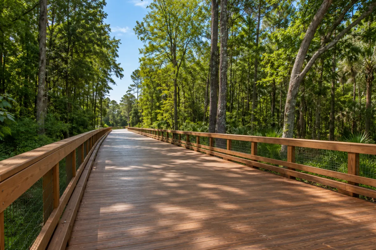Wooden greenway trail through preserved woodland in Nocatee, Ponte Vedra, Florida