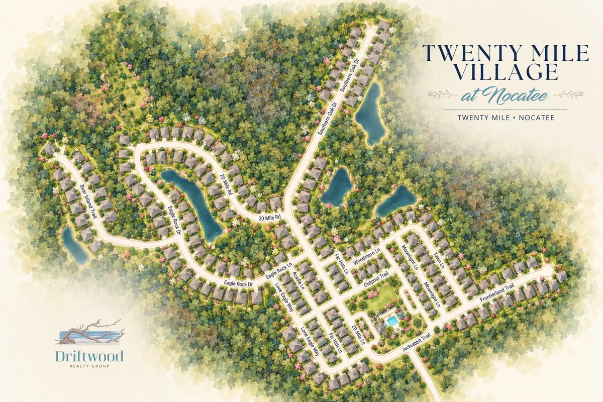 Map of Twenty Mile Village at Nocatee showing Village Park, Village Grove, Twenty Mile Park, neighborhood streets, ponds and surrounding preserve.