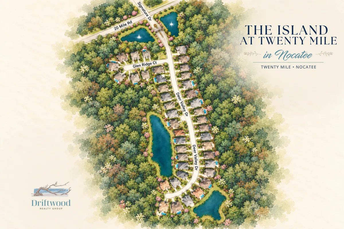 Map of The Island at Twenty Mile in Nocatee showing Village Park, Village Grove, Twenty Mile Park, neighborhood streets, ponds and surrounding preserve.