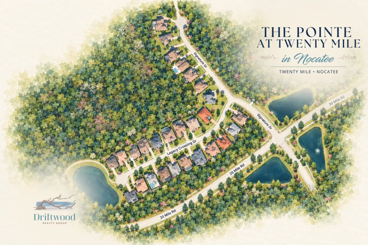 Map of The Pointe at Twenty Mile in Nocatee showing Village Park, Village Grove, Twenty Mile Park, neighborhood streets, ponds and surrounding preserve.