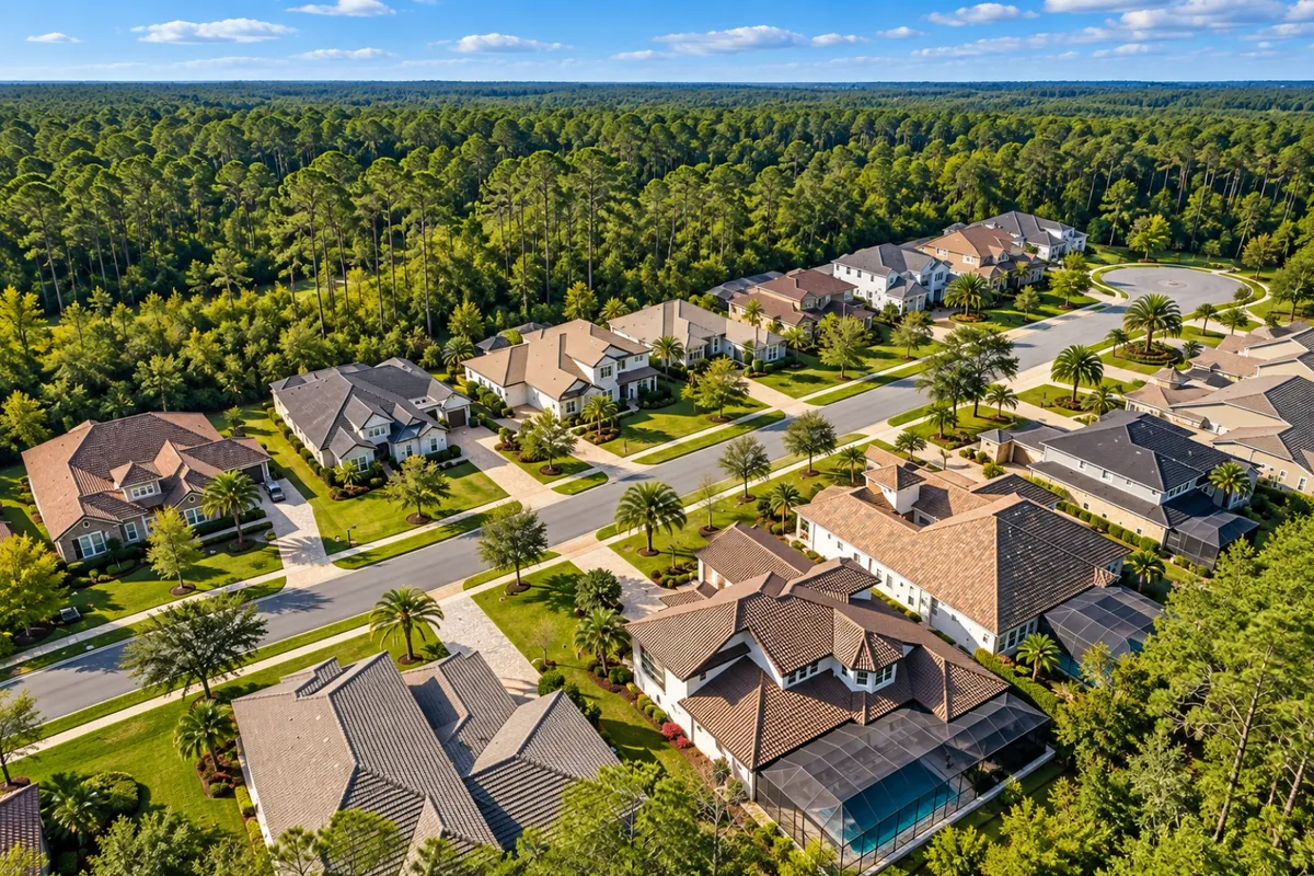 Aerial view of The Pointe at Twenty Mile showing homes and surrounding preserve in Nocatee