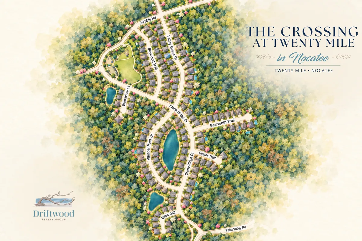 Map of The Crossing at Twenty Mile in Nocatee showing Village Park, Village Grove, Twenty Mile Park, neighborhood streets, ponds and surrounding preserve.