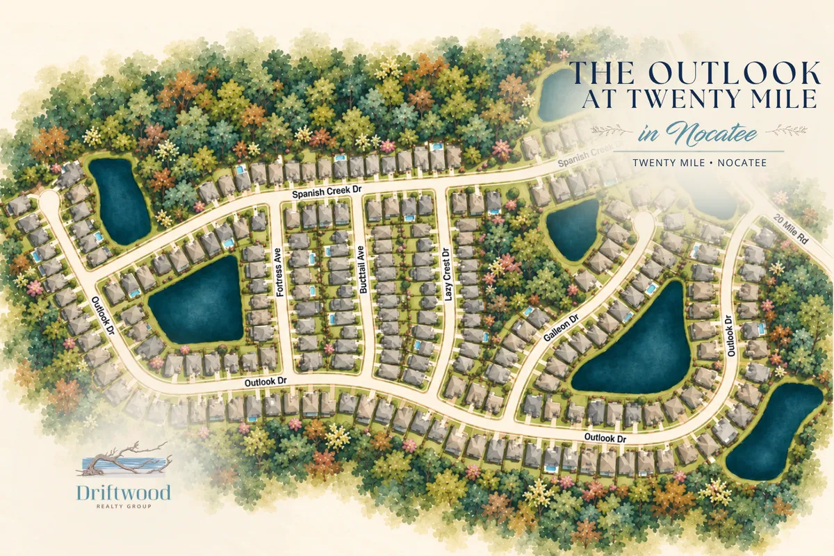 Map of The Outlook at Twenty Mile in Nocatee showing Village Park, Village Grove, Twenty Mile Park, neighborhood streets, ponds and surrounding preserve.