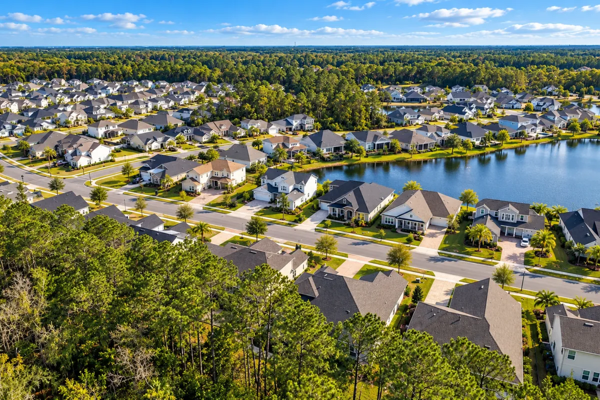 Aerial view of The Outlook at Twenty Mile showing homes, ponds and preserved woodland in Nocatee
