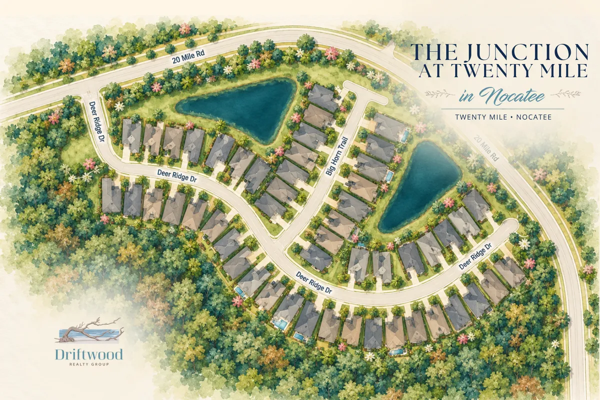 Map of The Junction at Twenty Mile in Nocatee showing Village Park, Village Grove, Twenty Mile Park, neighborhood streets, ponds and surrounding preserve.