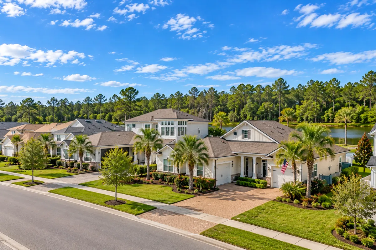 Single-family homes and streetscape in The Junction at Twenty Mile in Nocatee
