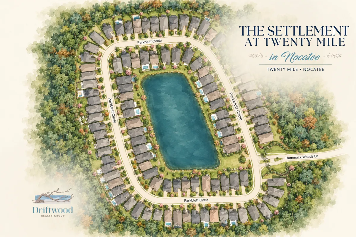 Map of The Settlement at Twenty Mile in Nocatee showing Village Park, Village Grove, Twenty Mile Park, neighborhood streets, ponds and surrounding preserve.