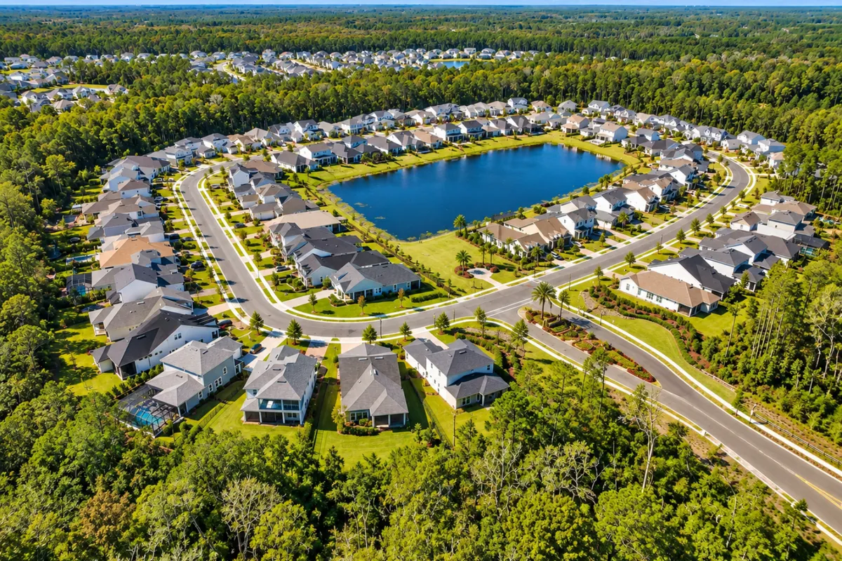 Aerial view of The Junction at Twenty Mile showing homes, water and preserved woodland in Nocatee