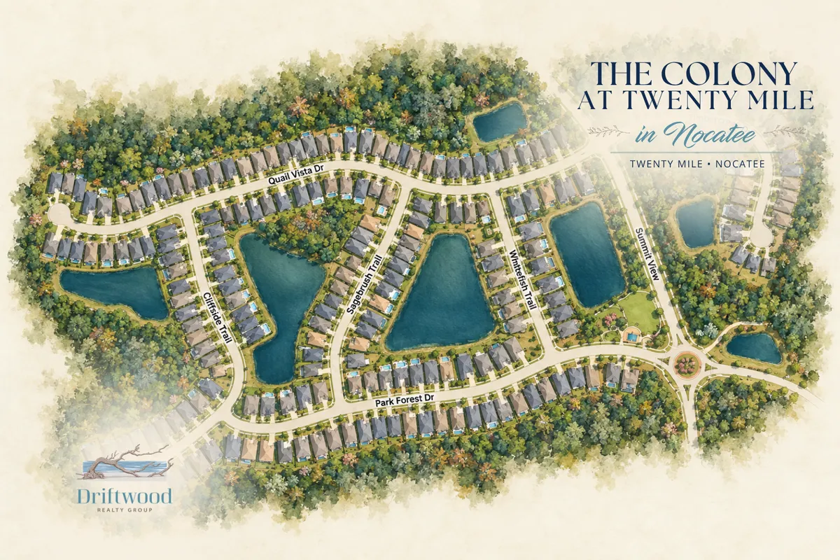 Map of The Colony at Twenty Mile in Nocatee showing Village Park, Village Grove, Twenty Mile Park, neighborhood streets, ponds and surrounding preserve.