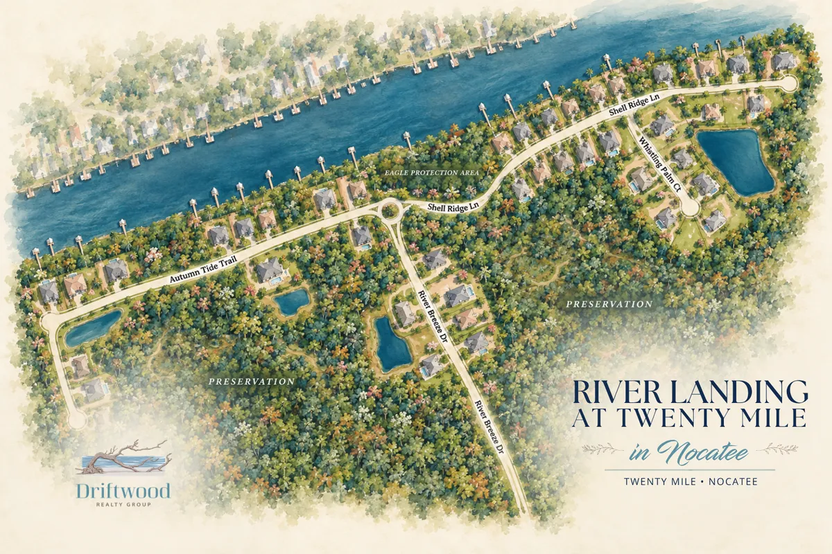 Illustrated map of River Landing at Twenty Mile in Nocatee showing neighborhood streets, preserve areas, lakes and Intracoastal waterfront homesites