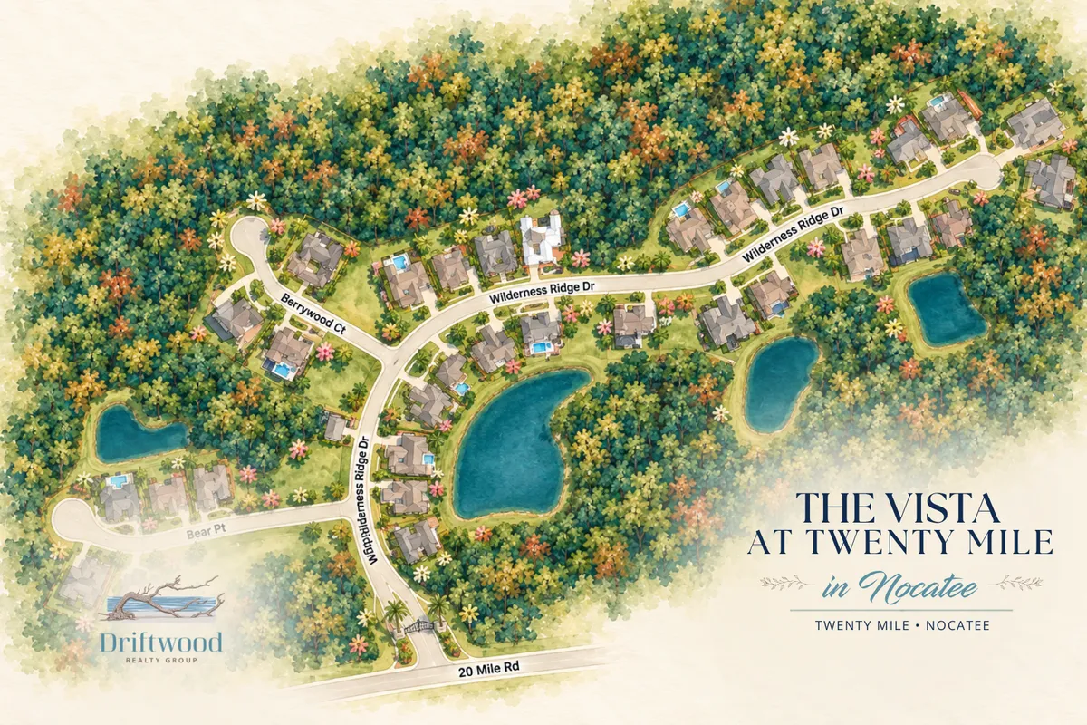 Illustrated map of The Hammock at Twenty Mile in Nocatee showing nine homes along Oak Creek Drive and surrounding preserve