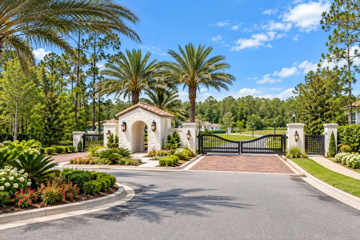 Gated entrance to The Vista at Twenty Mile with Spanish-inspired architecture and palm landscaping