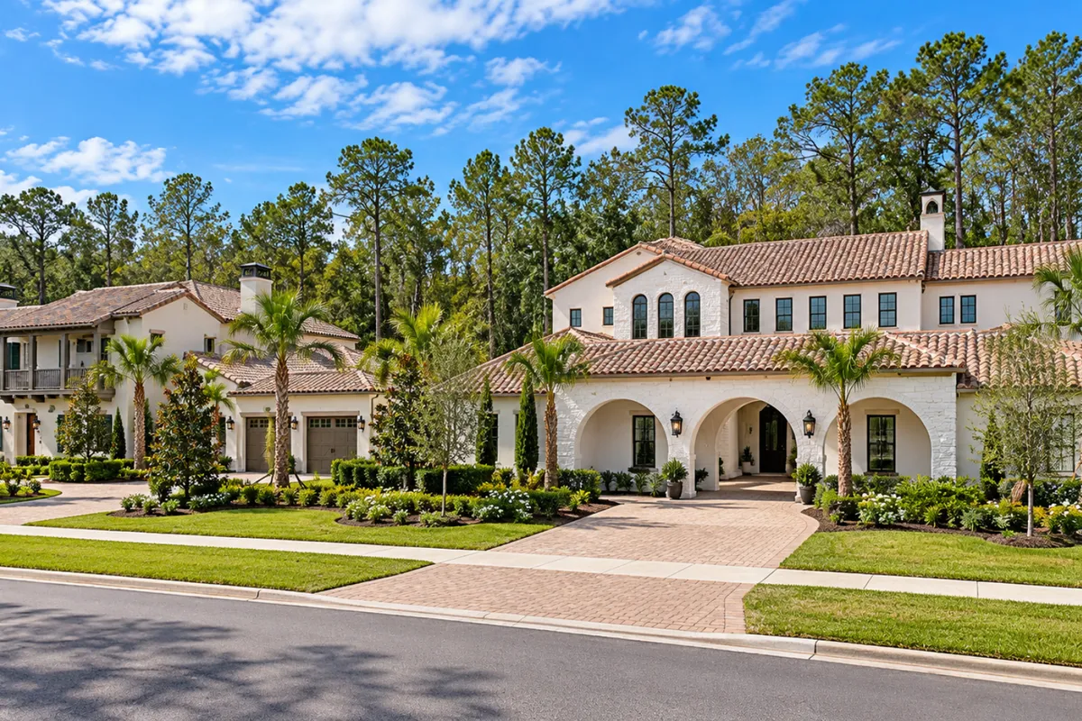 Former model homes in The Vista at Twenty Mile showing Spanish and Mediterranean-inspired architecture with stucco exteriors and clay tile roofs