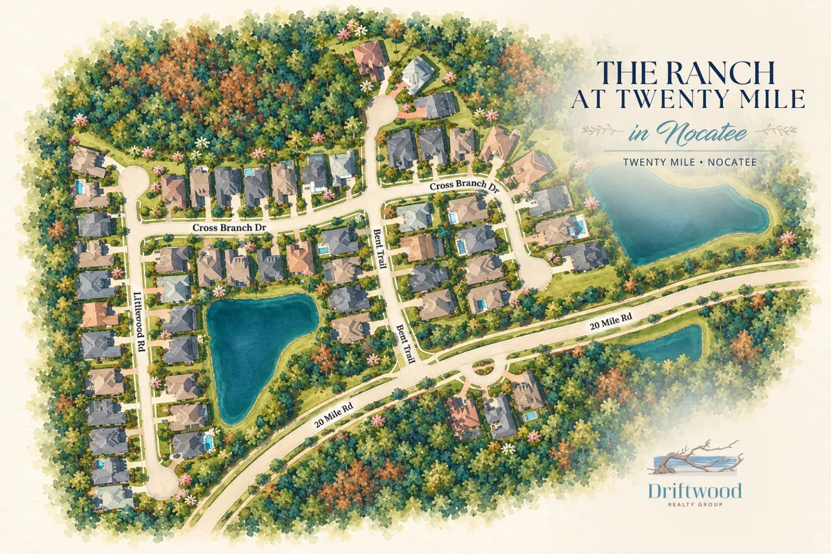 Illustrated map of The Hammock at Twenty Mile in Nocatee showing nine homes along Oak Creek Drive and surrounding preserve