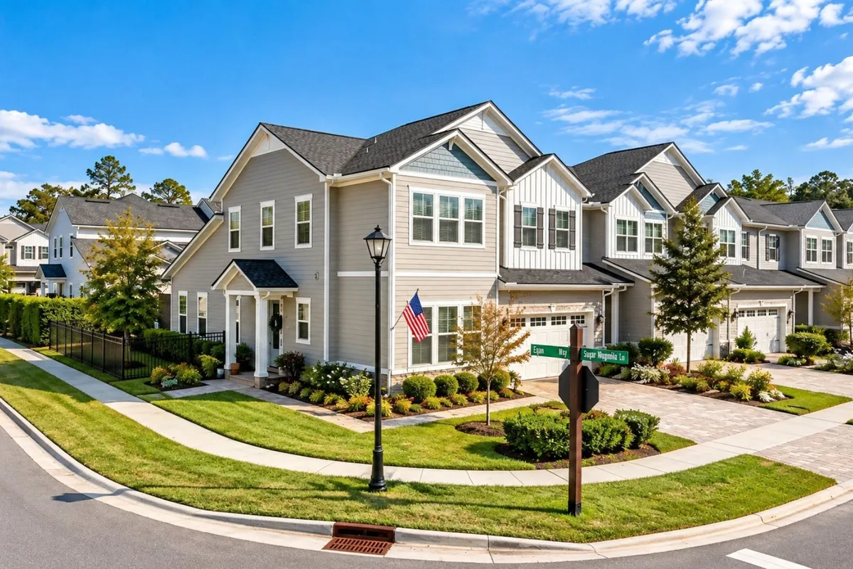 Townhome streetscape in Oakwood at Nocatee showing Toll Brothers homes and landscaped sidewalks