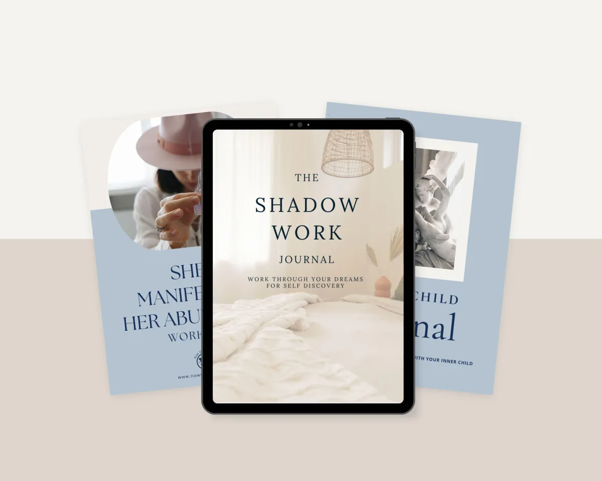 Digital and printed journals and workbooks from Now She’s Living, including Shadow Work, Inner Child, and Manifesting Abundance, designed for personal growth and self-discovery.