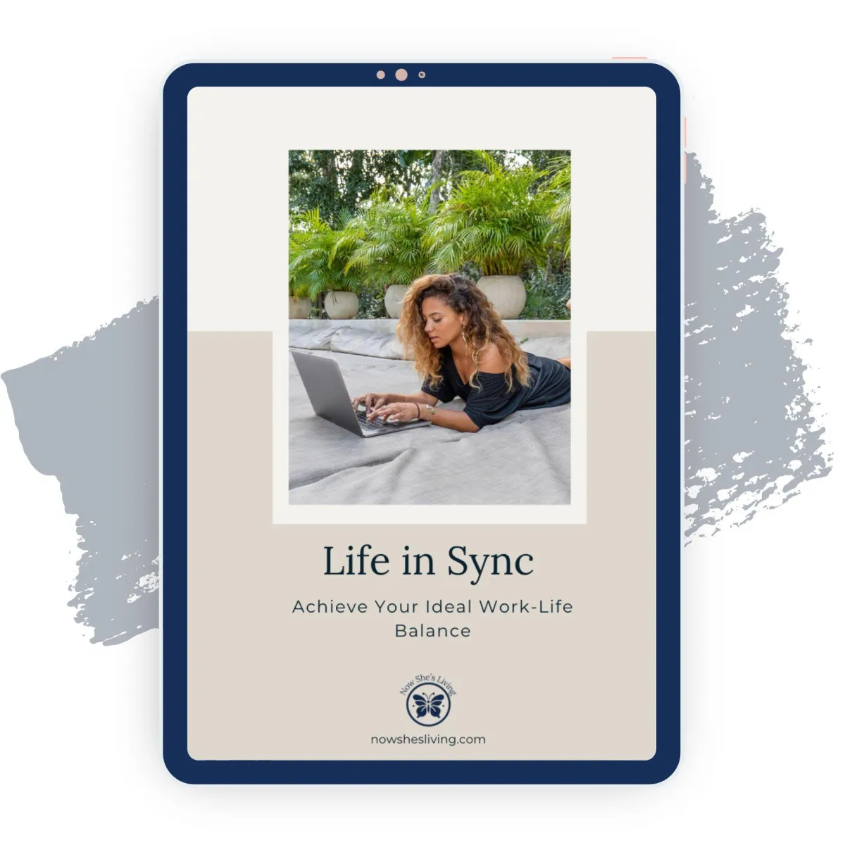 A woman sitting outdoors in a relaxed setting, working on her laptop with greenery in the background. The text reads 'Life in Sync - Achieve Your Ideal Work-Life Balance