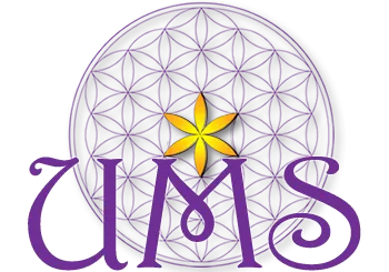 The UMS (University of Metaphysical Sciences) logo, featuring purple decorative lettering for 'UMS,' overlaid on a Flower of Life geometric design in light purple. At the center is a golden six-pointed star, symbolizing balance and spiritual enlightenment.