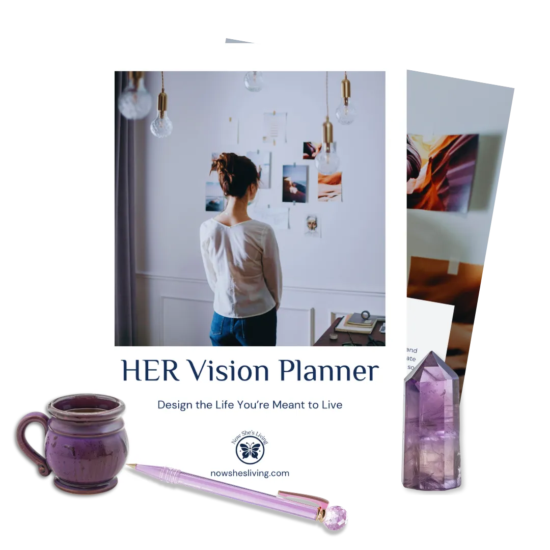 HER Vision Planner displayed on a tablet, featuring a woman standing in front of an inspiration board. The scene is accented with a purple mug, crystal wand, and amethyst, symbolizing creativity and intention setting.