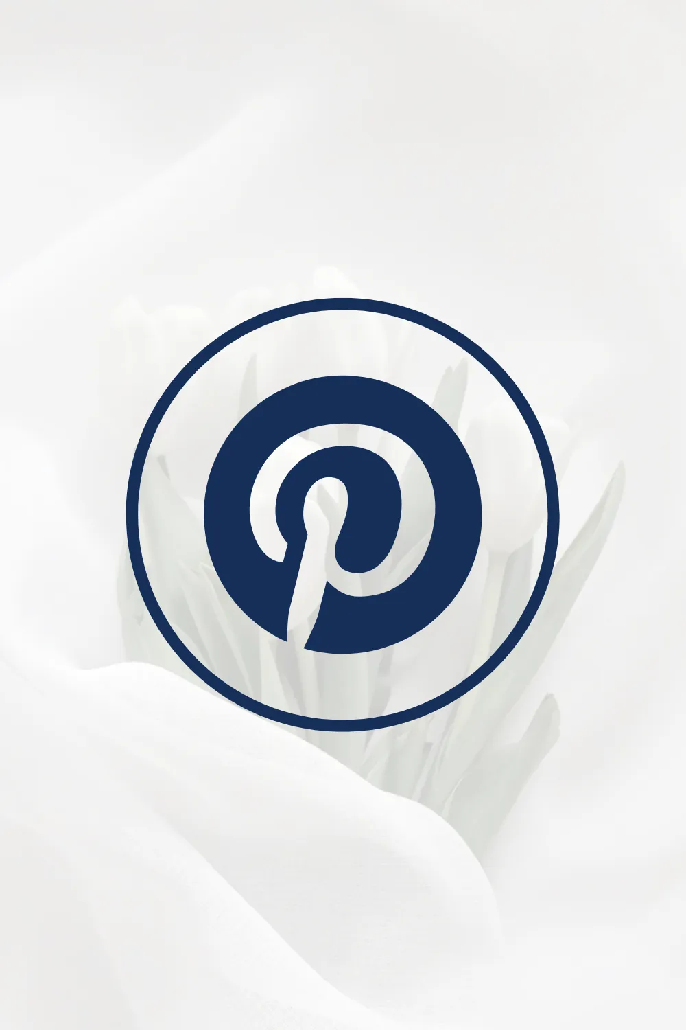 Pinterest logo overlaying a soft, minimalist background of white tulips, symbolizing inspiration and creativity.