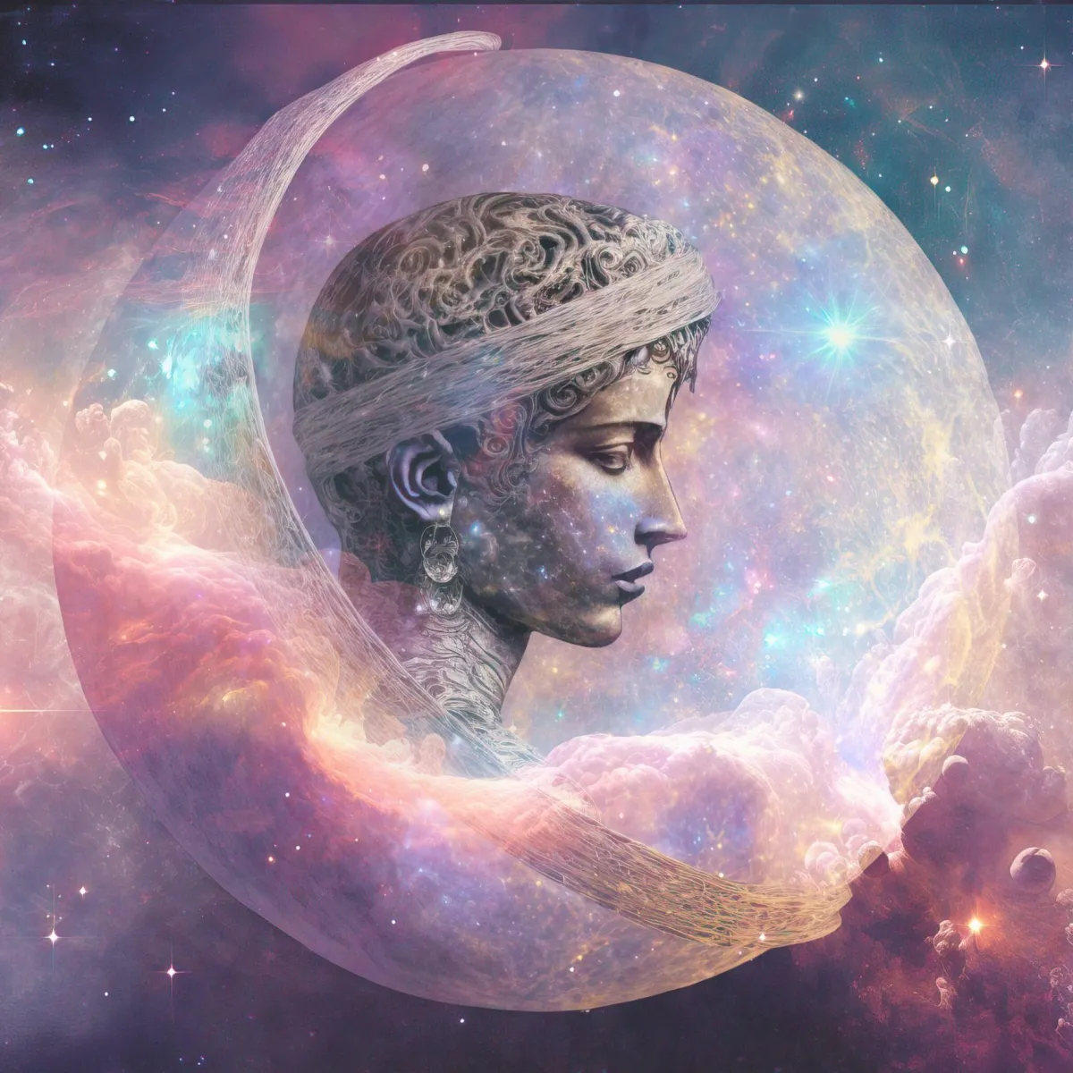 A serene statue of a goddess figure surrounded by a celestial background of stars, a glowing moon, and swirling cosmic clouds, symbolizing divine energy and universal connection.