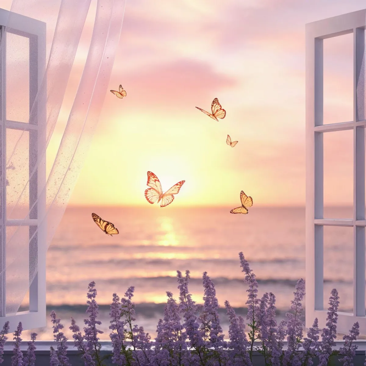 A tranquil view of an open window overlooking a serene ocean sunset, with soft lavender flowers in the foreground and butterflies gracefully fluttering in the golden light, symbolizing transformation and freedom.