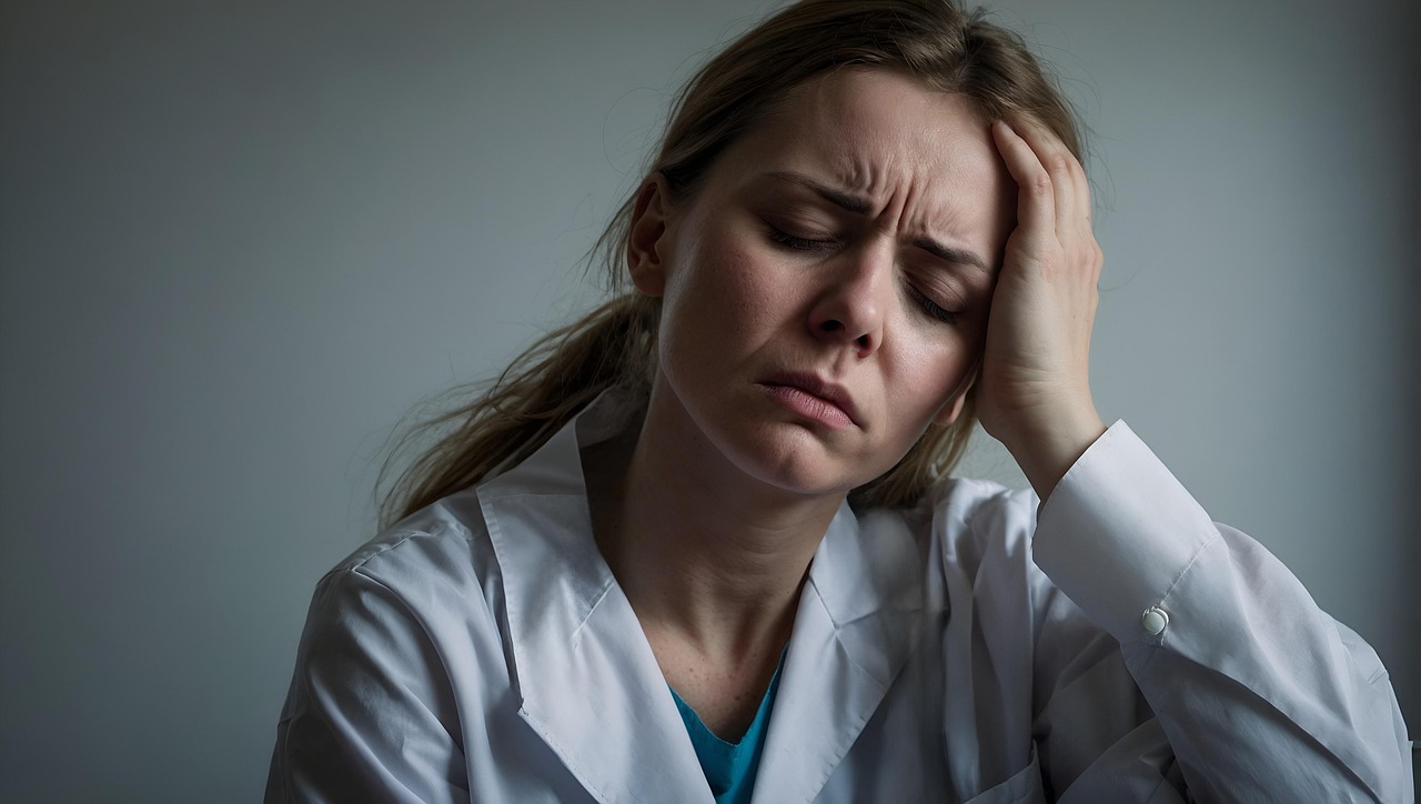 a female nurse looking super tired head in hands