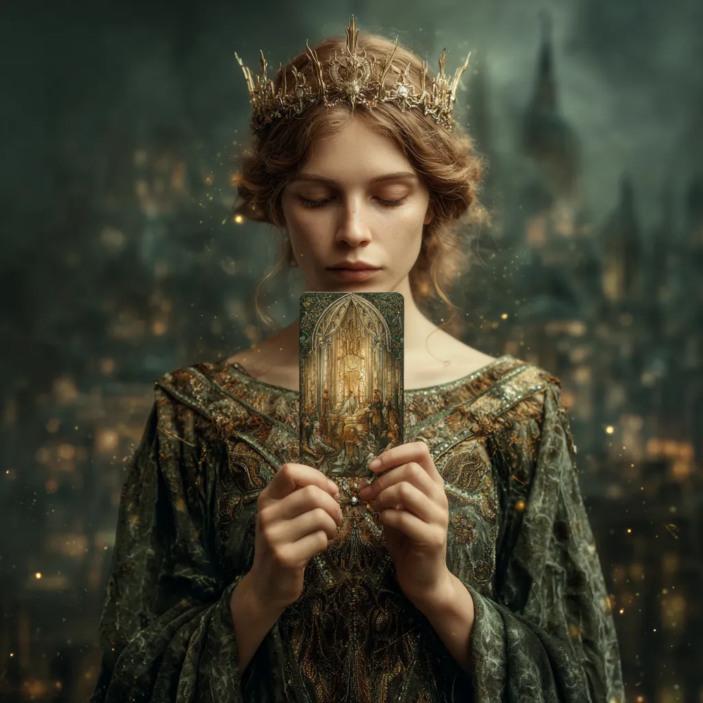 Medieval woman holding tarot car