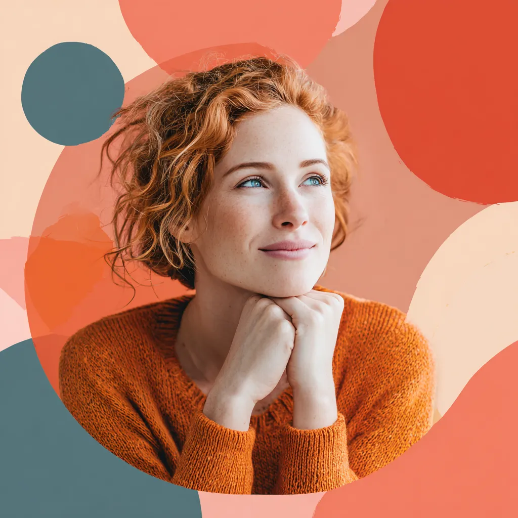 red haired woman with hands under chin smiling