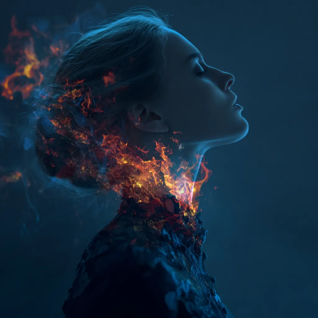 a woman with her neck on fire blue background