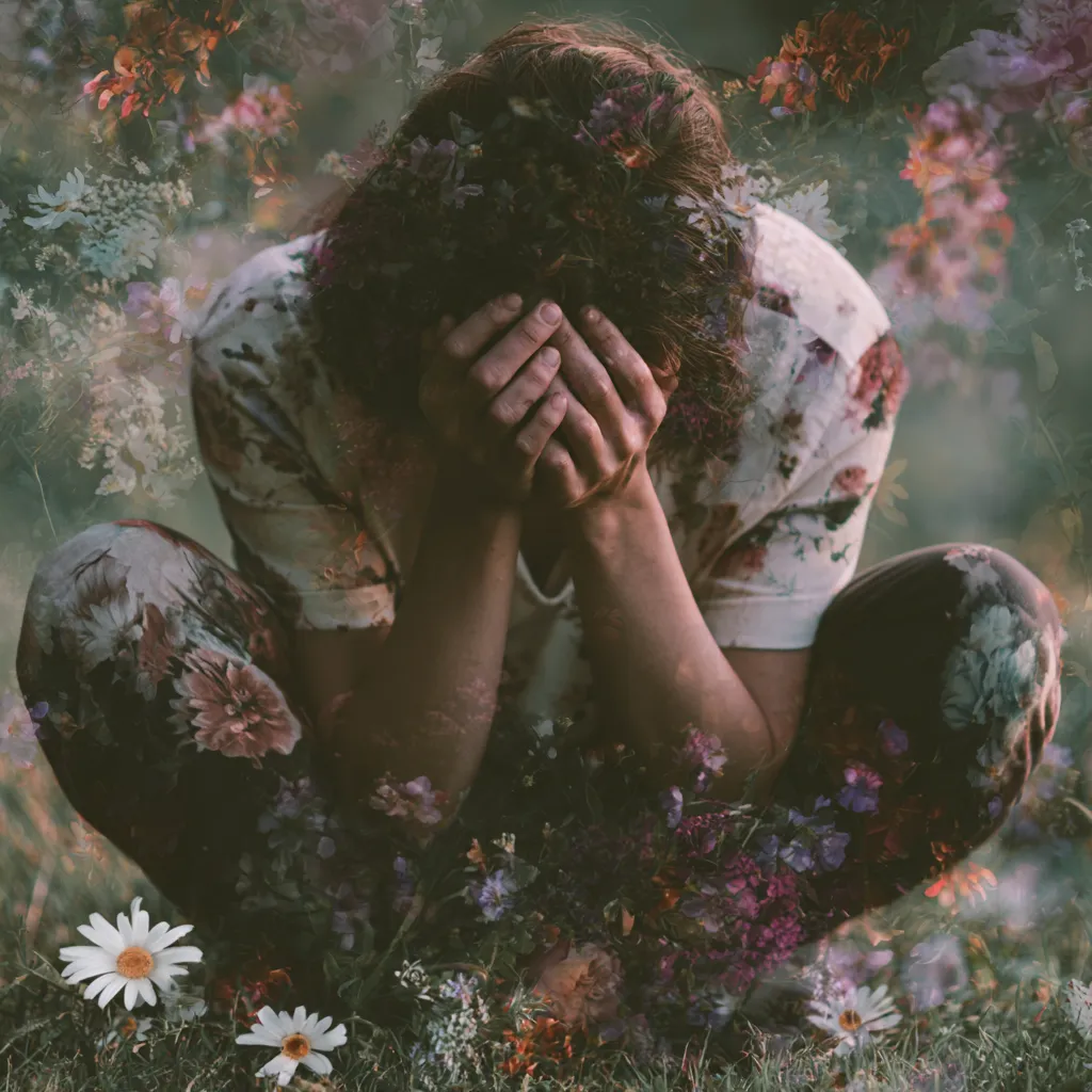 young woman with head in hands in a field of flowers