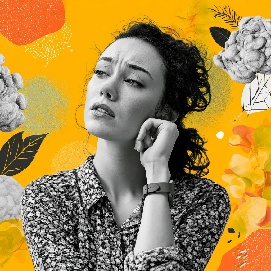 a woman in black and white with a colour background looking pensive