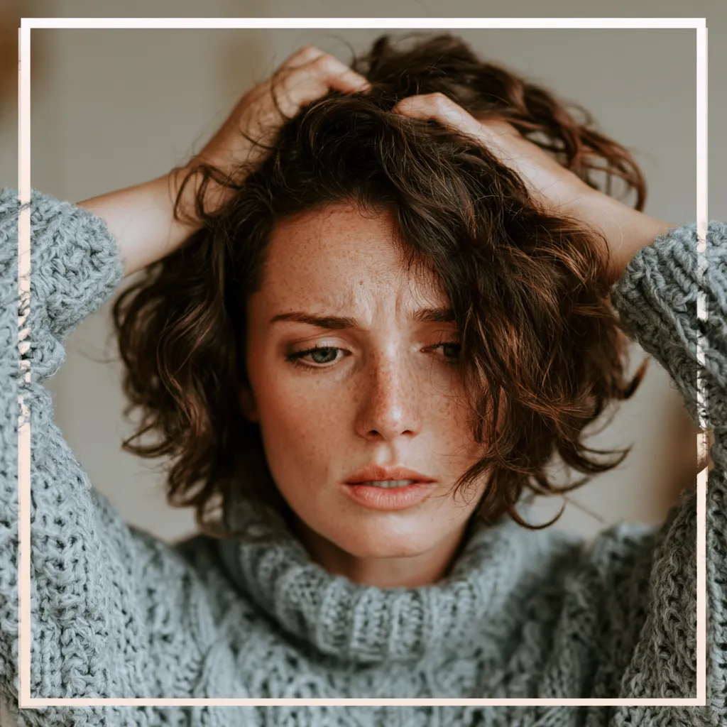 a woman in her 30's wearing a grey heavy knit jumper with her hands on her head looking very anguished