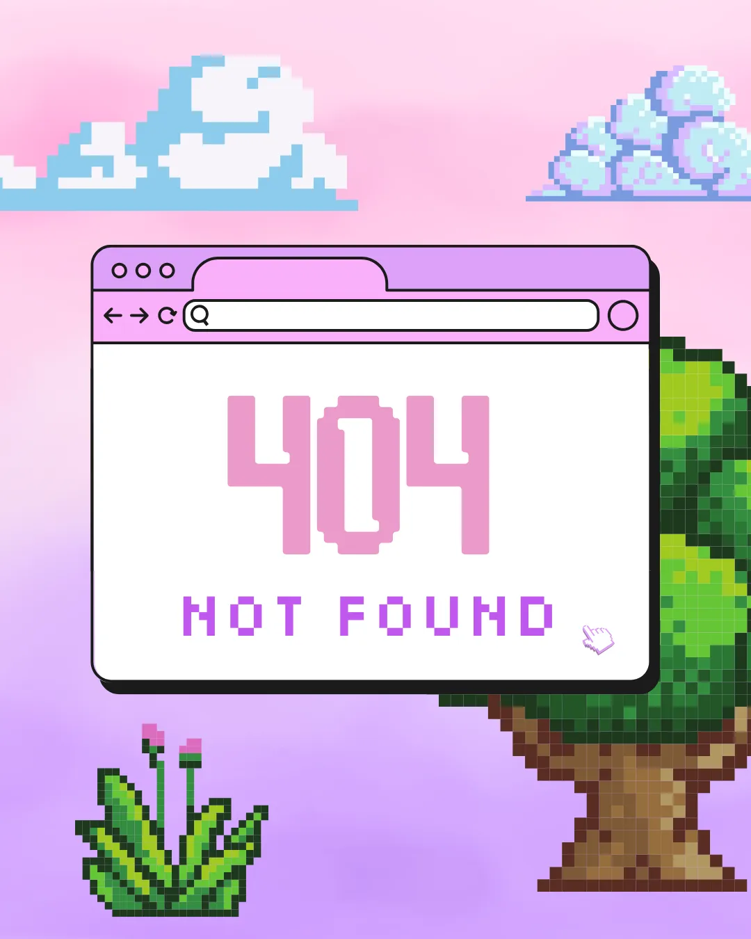 404 image pink background green tree and flower pixalated and 404 image