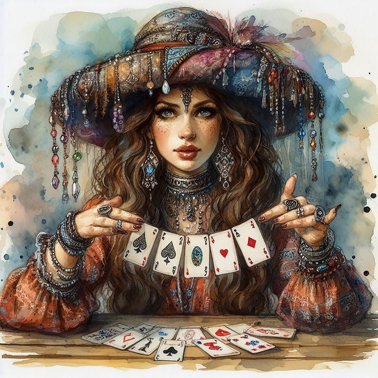 a drawing of tarot reader holding cards on a string looks around 1800's